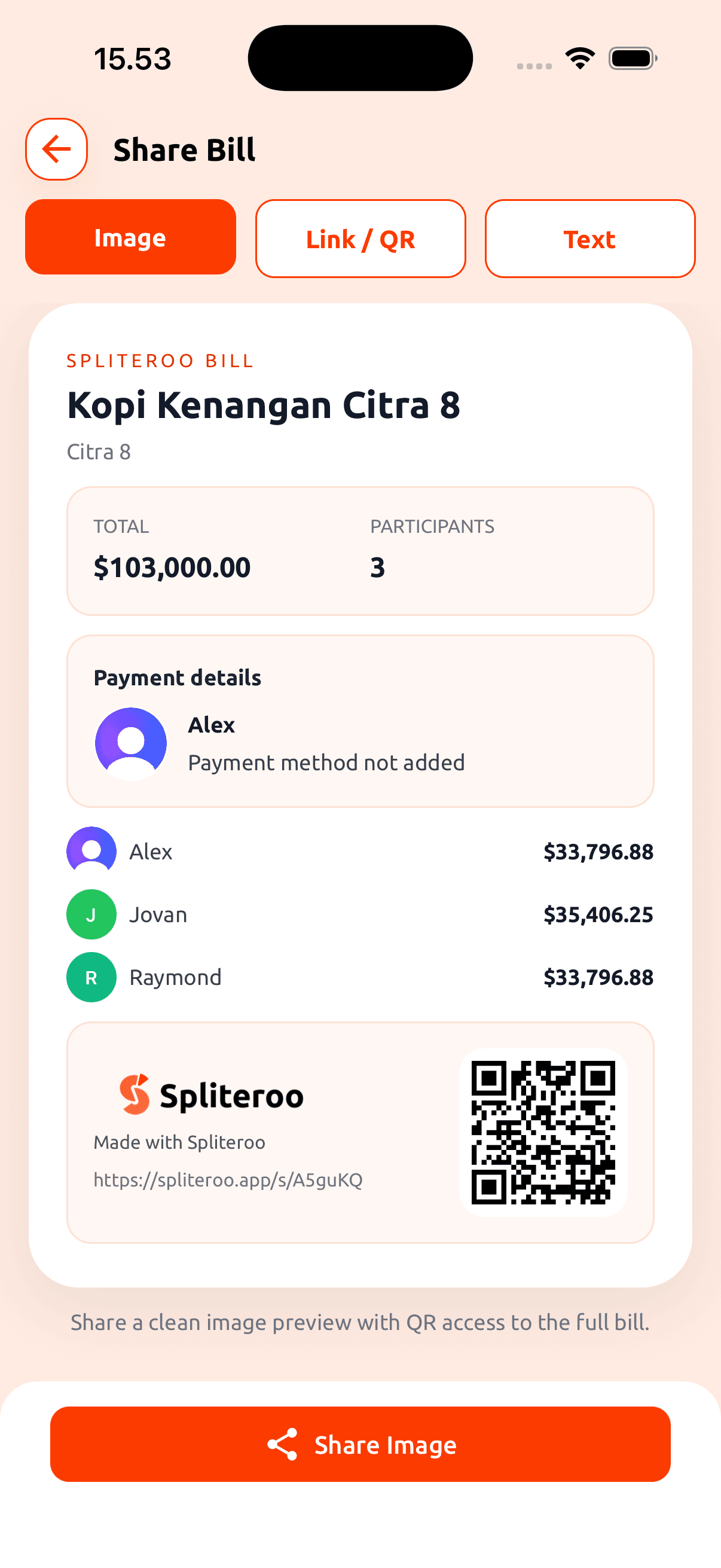 Share Bills Instantly screen